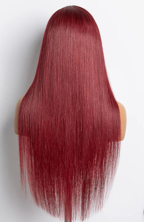 “GENIVA” 24 Inches Burgundy 13"x4" Lace Front Straight Wig Pre-Plucked Free Part 150% Density-100% Human Hair