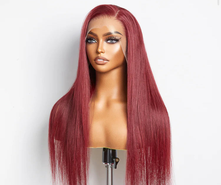 “GENIVA” 24 Inches Burgundy 13"x4" Lace Front Straight Wig Pre-Plucked Free Part 150% Density-100% Human Hair