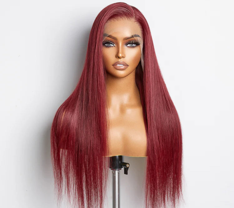 “GENIVA” 24 Inches Burgundy 13"x4" Lace Front Straight Wig Pre-Plucked Free Part 150% Density-100% Human Hair