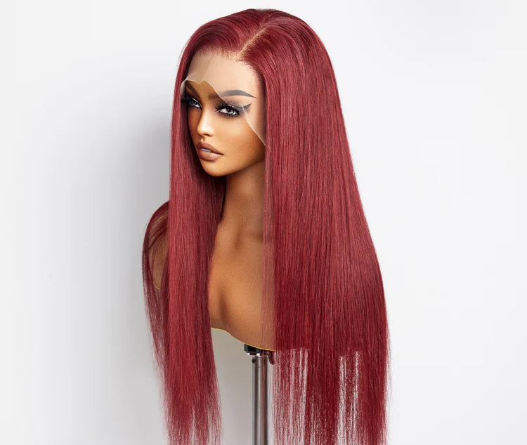 “GENIVA” 24 Inches Burgundy 13"x4" Lace Front Straight Wig Pre-Plucked Free Part 150% Density-100% Human Hair