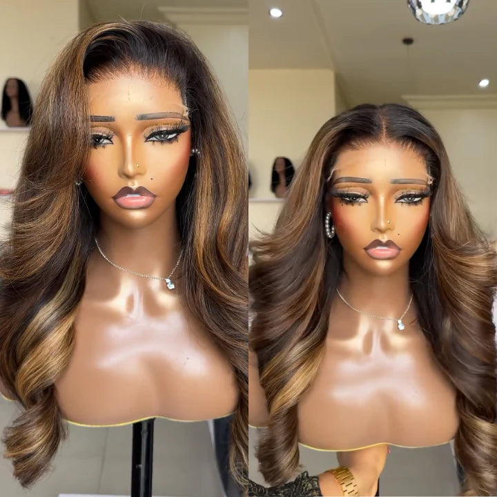 “Amanda” Blonde Mix Brown Glueless Body Wave Human Hair With Clear Transparent Lace