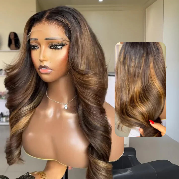 “Amanda” Blonde Mix Brown Glueless Body Wave Human Hair With Clear Transparent Lace