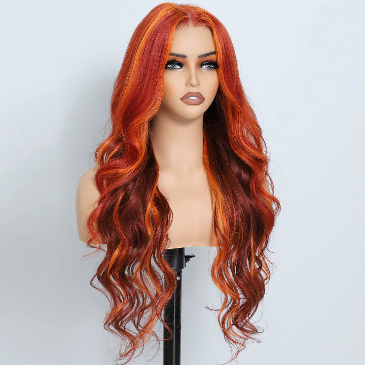 “GINNY” Ginger Loose Wave 13x4/7x5 HD Lace Front Wig Highlights Orange Color Human Hair