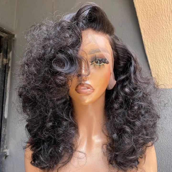 “Celess” Glueless Loose Wave Natural Human Hair Clear Transparent Lace Front Wand Curly Wig.