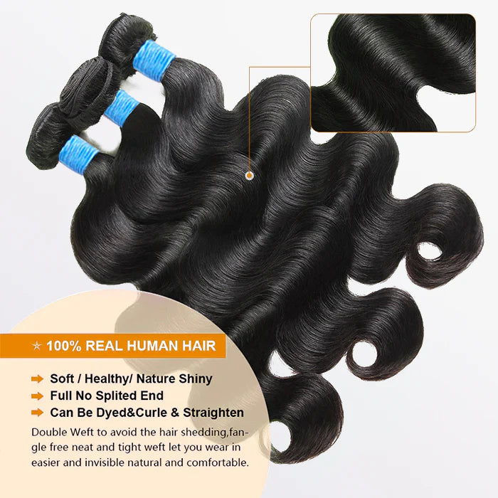 10-36 Inch Body Wavy Virgin Brazilian Hair #1B Natural Black