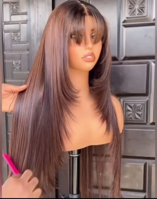 “Lexi” Layered Cut Brown Brazilian Straight Hair Long Wigs with Curtain Bangs 13x4/13x6 HD Lace Front